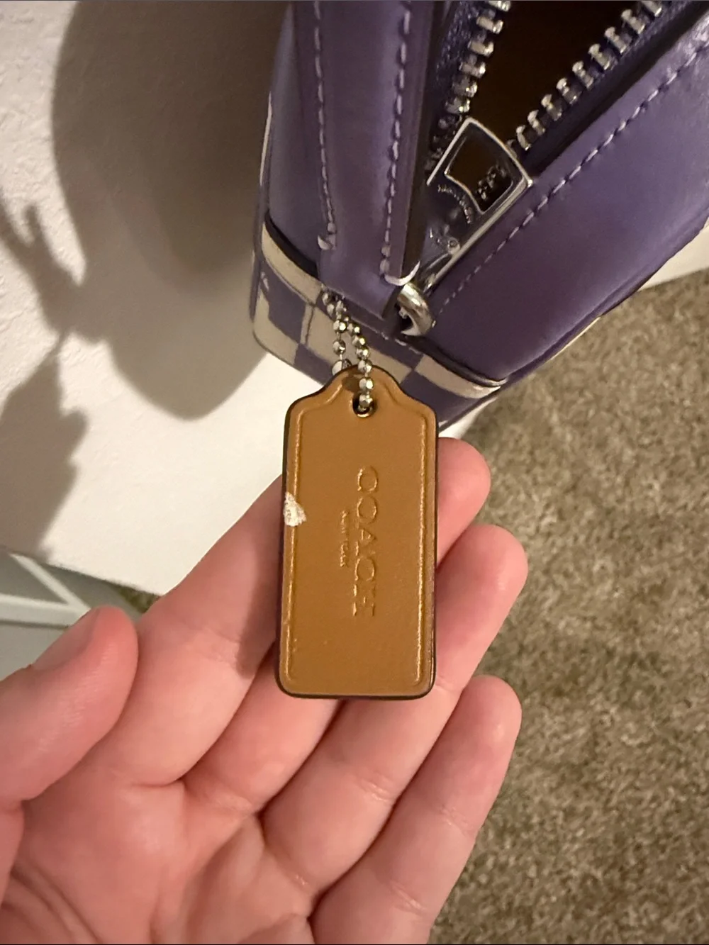 COACH Purple Checkered Camera  Bag with Tan and Purple Strap